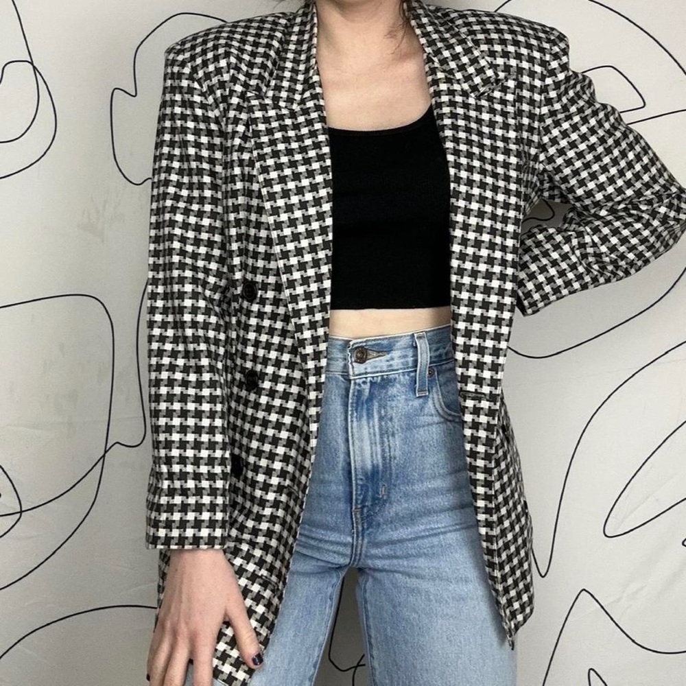 Vintage 80s Houndstooth Plaid Black & White Blazer Jacket
